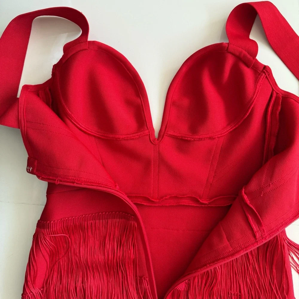 STYLE OF CB Red Midi Bodycon Dress w/ Maxi Length Tiered Fringe, Size XS - Picture 12 of 14